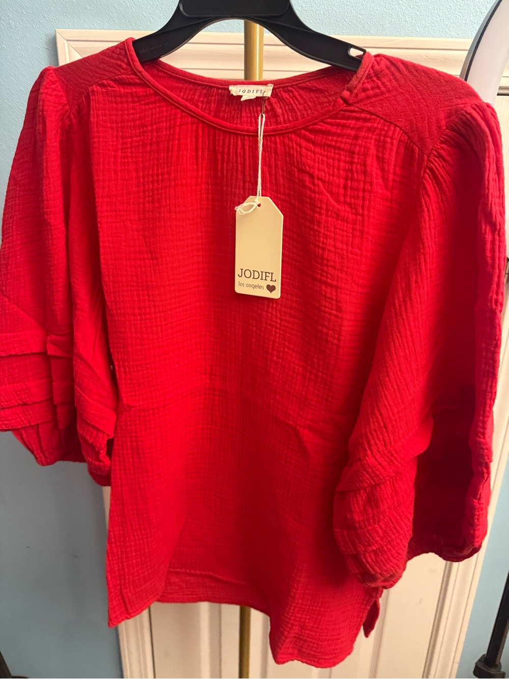 JODIFL Vibrant Red Textured Puff-Sleeve Blouse